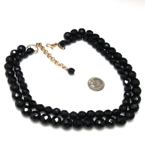 Vintage Black Crystal Beaded Necklace, Strung on Chain, Two Strands, 17 Inches - Picture 7 of 9
